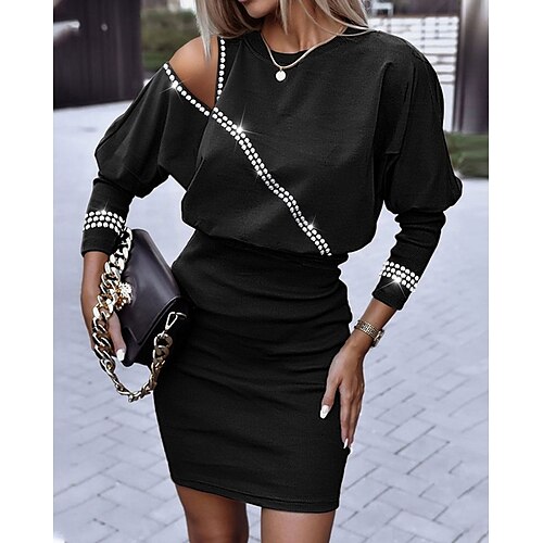 

Women's Sequin Dress Sheath Dress Mini Dress Black Long Sleeve Pure Color Sequins Winter Fall Autumn Crew Neck Stylish Weekend 2022 S M L XL XXL 3XL