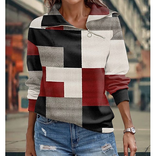 

Women's Sweatshirt Pullover Streetwear Zipper Green Blue Red Geometric Color Block Street V Neck Long Sleeve S M L XL 2XL 3XL