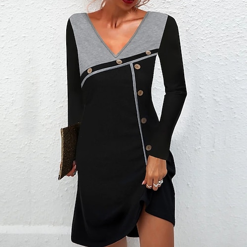 

Women's Casual Dress Sheath Dress Mini Dress Black Long Sleeve Color Block Patchwork Winter Fall Spring V Neck Stylish Vacation Weekend 2022 S M L XL XXL 3XL