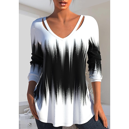 

2022 autumn and winter european and american cross-border amazon wish women's fashion gradient printing v-neck loose t-shirt women