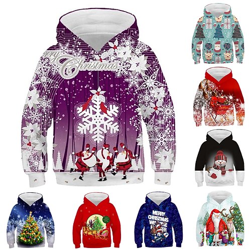 

Kids Boys Christmas Hoodie Pullover Santa Claus Elk Christmas Tree Long Sleeve Children Top Casual Hoodie Active Fashion Green Black Blue Winter 7-13 Years