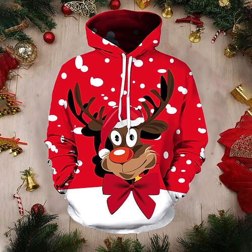 

Men's Pullover Hoodie Sweatshirt Graphic Deer Ugly Christmas Hooded Party Weekend 3D Print Casual Christmas Hoodies Sweatshirts Long Sleeve Red