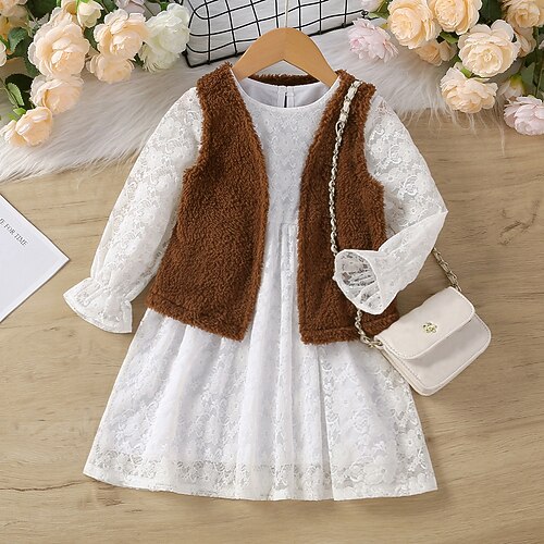 

2 Pieces Toddler Girls' Solid Color Clothing Set Set Long Sleeve Active School 7-13 Years Winter White / Fall / Knee-length