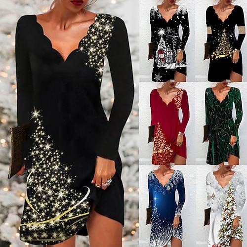 

Women's Christmas Sequin Dress Formal Dress Short Mini Dress Black Long Sleeve Tree Print Sequins Ruched Print Fall Winter V Neck Stylish Modern 2022 S M L XL XXL 3XL