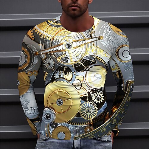 

Men's T shirt Tee Graphic Prints Machine Crew Neck Gold Orange Coffee Gray 3D Print Outdoor Street Long Sleeve Print Clothing Apparel Basic Sports Designer Casual