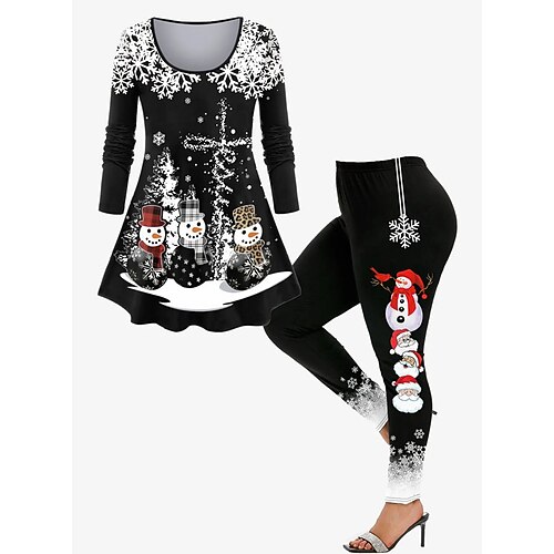 

Women's Plus Size Tops Christmas Set Snowman Snowflake Print Long Sleeve Crew Neck Holiday Modern Vacation Weekend Polyester Winter Fall Black