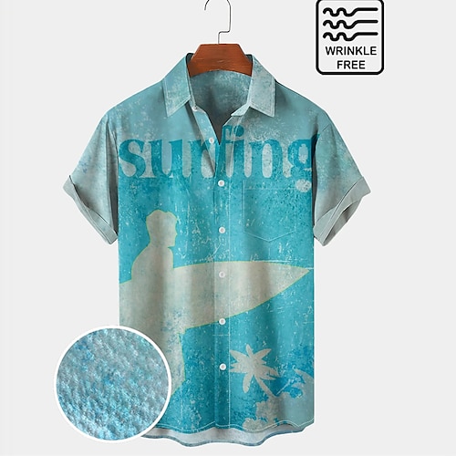 

Men's Shirt Letter Graphic Prints Surf Turndown Blue 3D Print Outdoor Street Short Sleeves Button-Down Print Clothing Apparel Tropical Fashion Casual Hawaiian