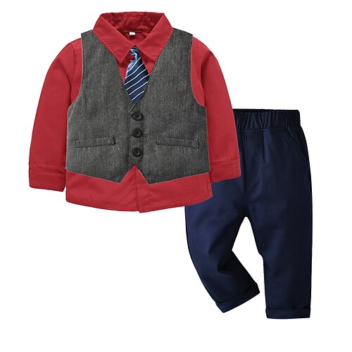 

4 Pieces Toddler Boys Shirt & Pants Outfit Solid Color Long Sleeve Set School Basic Daily Fall Spring 3-7 Years Multicolor