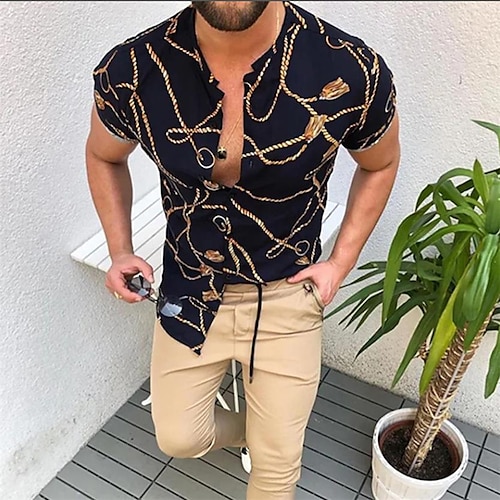 

Men's Shirt Graphic Prints Chains Print Stand Collar Black 3D Print Outdoor Casual Short Sleeve Button-Down Print Clothing Apparel Fashion Designer Casual Comfortable