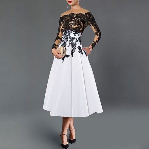 

A-Line Cocktail Dresses Color Block Dress Formal Tea Length 3/4 Length Sleeve Off Shoulder Satin with Embroidery Pocket 2022