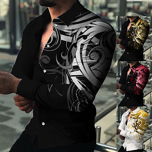 

Men's Shirt Graphic Print Shirt Geometry Turndown Yellow Gold Red Gray Daily Holiday Long Sleeve Button-Down Clothing Apparel Fashion Streetwear Designer Casual