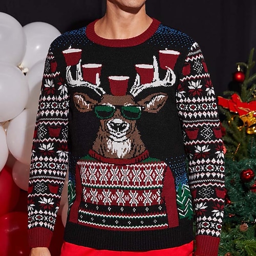 

Men's Sweater Ugly Christmas Sweater Pullover Sweater Jumper Ribbed Knit Cropped Knitted Deer Crew Neck Keep Warm Modern Contemporary Christmas Work Clothing Apparel Fall & Winter Black S M L
