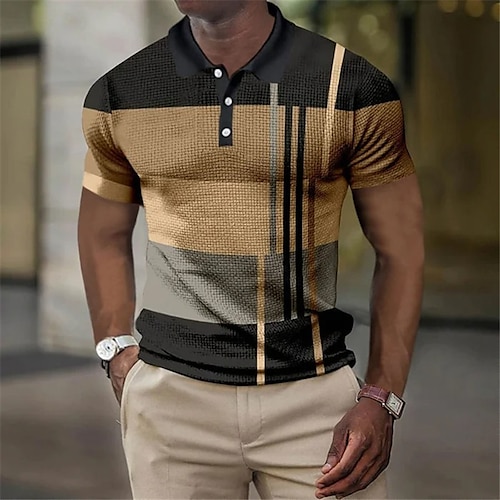 

Men's Polo Shirt Waffle Polo Shirt Golf Shirt Striped Graphic Prints Geometry Turndown Black Yellow Pink Red Blue 3D Print Outdoor Street Short Sleeves Print Button-Down Clothing Apparel Fashion