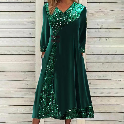 

Women's Velvet Dress Sequin Dress Swing Dress Midi Dress Green 3/4 Length Sleeve Pure Color Sequins Winter Fall Spring V Neck Stylish Weekend 2022 S M L XL XXL 3XL