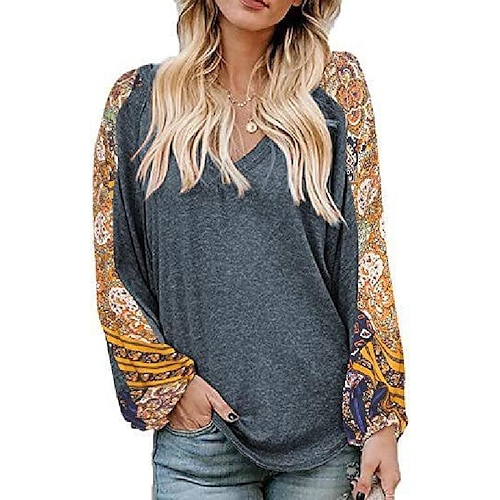 

2022 autumn and winter european beauty clothing independent station wish new loose v-neck balloon stitching sleeve top t women