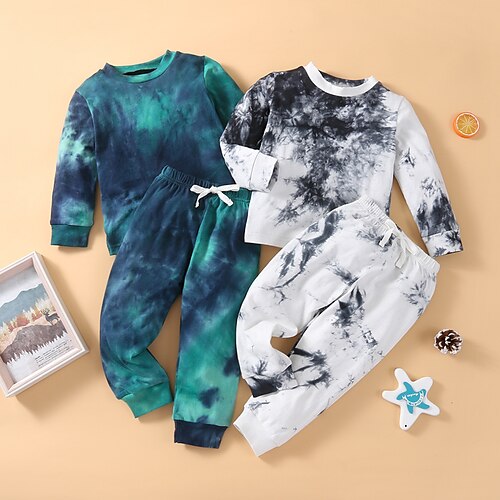 

2 Pieces Toddler Boys Sweatshirt & Pants Outfit Tie Dye Long Sleeve Cotton Set Outdoor Fashion Daily Winter Fall 3-7 Years Green Gray