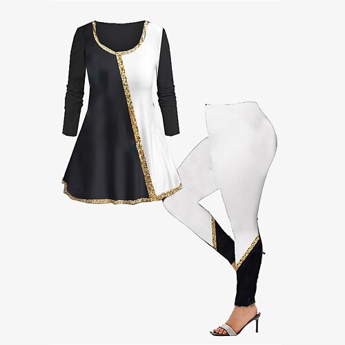 

Women's Plus Size Tops Set Color Gradient Print Long Sleeve Crew Neck Casual Daily Going out Polyester Winter Fall Black Gold
