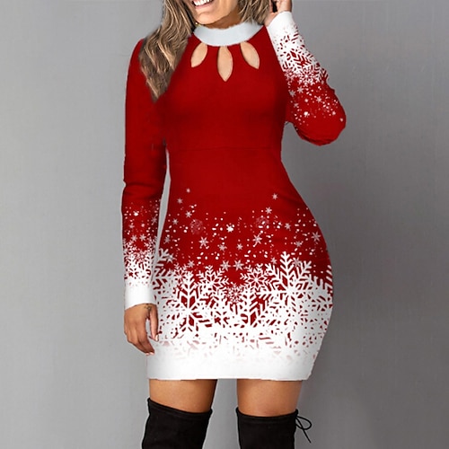 

Women's Christmas Sweater Dress Bodycon Sheath Dress Mini Dress Red Long Sleeve Snowflake Print Winter Fall Autumn Stand Collar Fashion Date 2022 S M L XL XXL 3XL