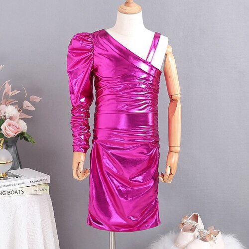 

Kids Girls' Dress Solid Color A Line Dress Above Knee Dress Casual One Shoulder Short Sleeve Fashion Dress 3-8 Years Spring Rose Red