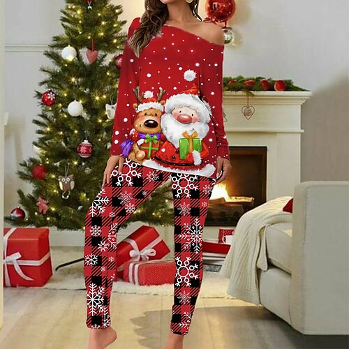 

Women's Plus Size Christmas Pajamas Sets Santa Claus Grid / Plaid Fashion Comfort Soft Home Carnival Cotton Spandex Jersey Gift Long Sleeve T shirt Tee Pant Elastic Waist Fall Spring Purple Red