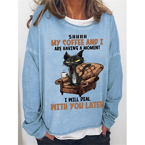 

Women's Sweatshirt Pullover Basic Pink Khaki Light Blue Cat Street Round Neck Long Sleeve S M L XL 2XL 3XL