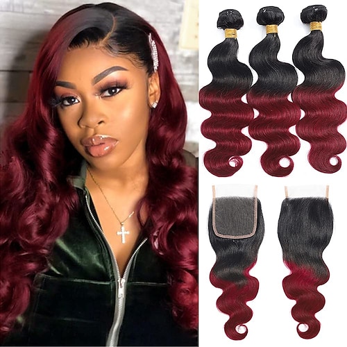 

Hair 10A Ombre Brazilian Human Hair With Closure (14 16 1814) Brazilian Human Hair 3 Bundles with Closure Brazilian Body Wave with Closure 2 Tone Black to Burgundy Human Hair Weave