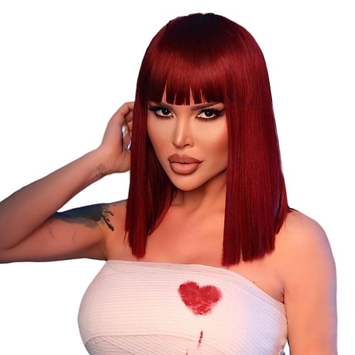 

Short 99J Burgundy Red Straight Hair Bob Wigs Brazilian Human Hair Wig with Bangs Remy Full Machine Made Wig for Women 10 Inches No Lace Bob Wigs