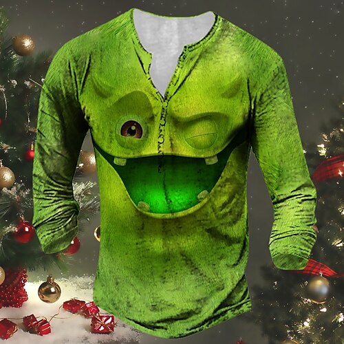 

Men's Henley Shirt T shirt Tee Tee Graphic Monster Henley Green 3D Print Outdoor Christmas Long Sleeve Button-Down Print Clothing Apparel Basic Designer Classic Comfortable