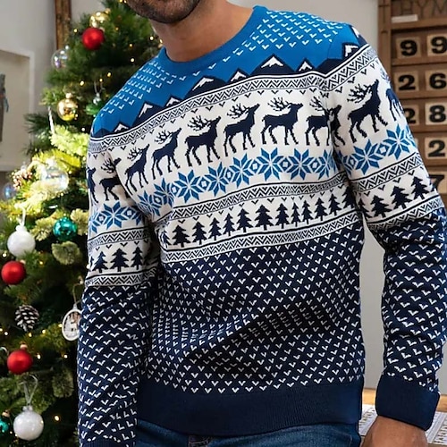

Men's Sweater Ugly Christmas Sweater Pullover Sweater Jumper Ribbed Knit Cropped Knitted Tree Crew Neck Keep Warm Modern Contemporary Christmas Work Clothing Apparel Fall & Winter Blue S M L