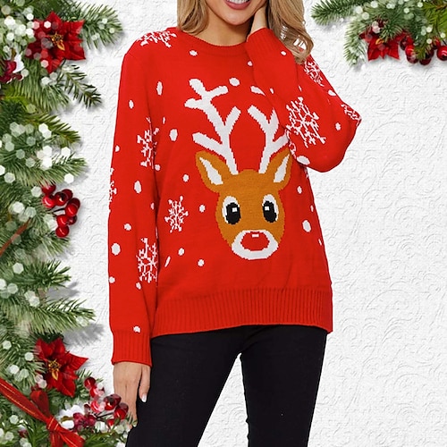 

Women's Ugly Christmas Sweater Pullover Sweater Jumper Ribbed Knit Knitted Animal Crew Neck Stylish Casual Christmas Holiday Winter Fall Red S M L / Long Sleeve / Regular Fit