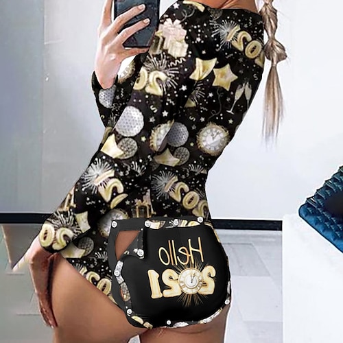 

Women's Bodysuit Print Letter V Neck Streetwear Christmas Vacation Regular Fit Long Sleeve Black S M L Winter