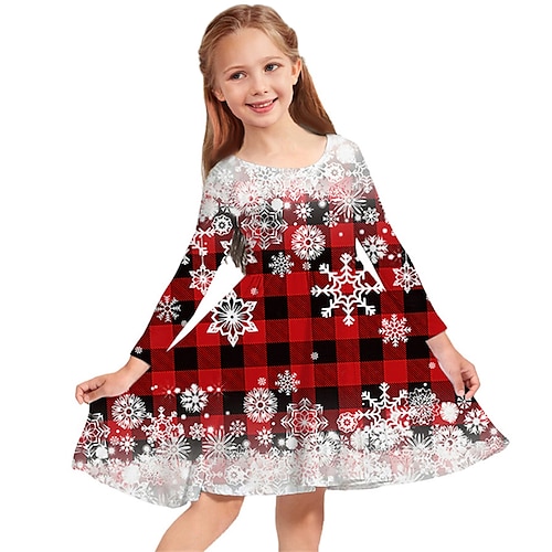 

Kids Girls' Christmas Dress Plaid Snowflake Casual Dress Christmas Gifts Casual Crewneck Red Above Knee Long Sleeve Adorable Daily Dresses Christmas Winter Fall Regular Fit 2-13 Years