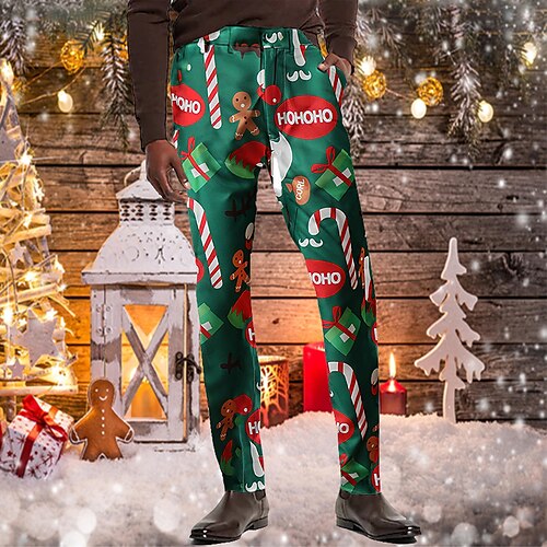 

Men's Christmas Pants Chinos Trousers Jogger Pants Print Cartoon Full Length Christmas Daily Casual Light Green Inelastic