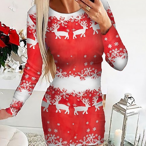 

Women's Christmas Casual Dress Bodycon Sheath Dress Mini Dress Red Long Sleeve Elk Print Winter Fall Autumn Crew Neck Christmas Daily Vacation 2022 S M L XL