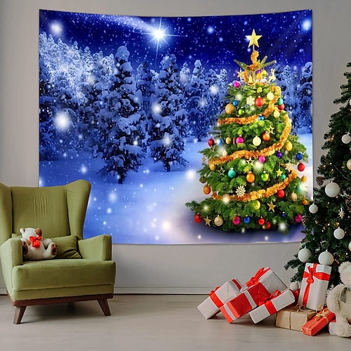 

Christmas Santa Claus Wall Tapestry Art Decor Photography Background Tablecloth Hanging Home Bedroom Living Room Dorm Decoration Christmas Tree Snow Forest Star Polyester
