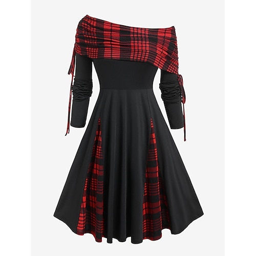 

Women's Casual Dress Swing Dress Vintage Dress Midi Dress Black Long Sleeve Plaid Print Winter Fall Spring Off Shoulder Modern Christmas Weekend 2022 S M L XL XXL 3XL