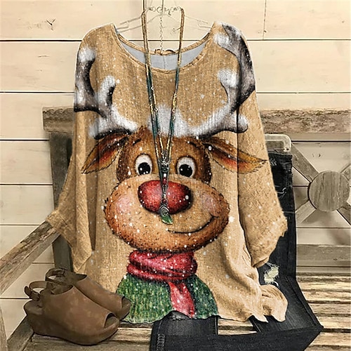 

Women's Plus Size Christmas Tops Blouse Shirt Cat Deer Print Long Sleeve Casual Daily Polyester Winter Fall khaki Gray