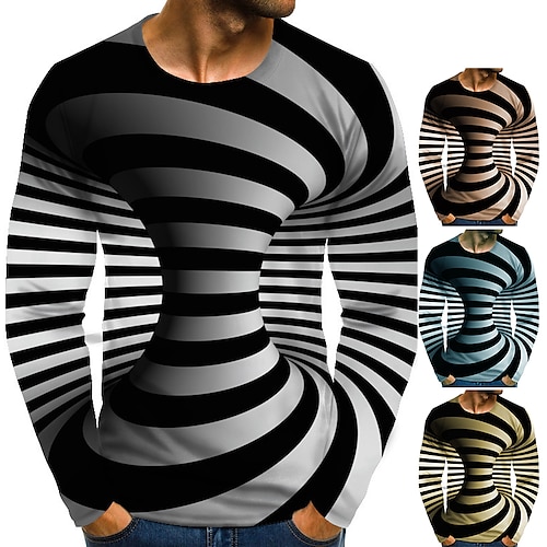

Men's T shirt Tee Optical Illusion Round Neck Blue Purple Pink Yellow Rainbow 3D Print Plus Size Daily Going out Long Sleeve Print Clothing Apparel Streetwear Exaggerated Designer