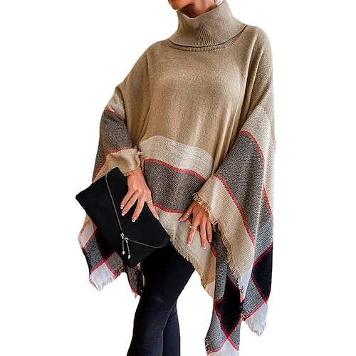 

2022 autumn and winter european and american new high-neck plaid fringed shawl sweater jacket