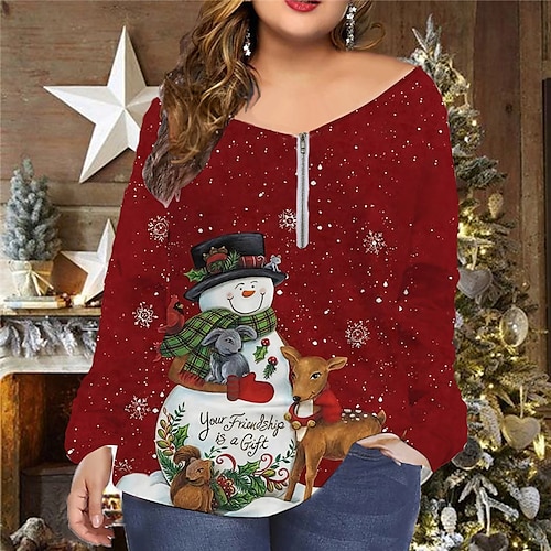 

Women's Plus Size Christmas Tops T shirt Tee Snowman Snowflake Zipper Print Long Sleeve V Neck Casual Festival Daily Cotton Spandex Jersey Winter Fall Green Wine