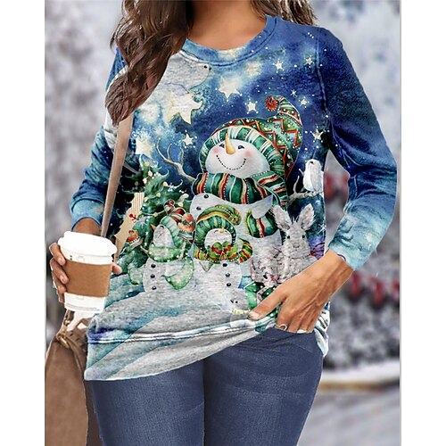 

Women's Plus Size Christmas Tops Pullover Sweatshirt Snowman Snowflake Print Long Sleeve Casual Holiday Daily Microfiber Winter Fall Blue
