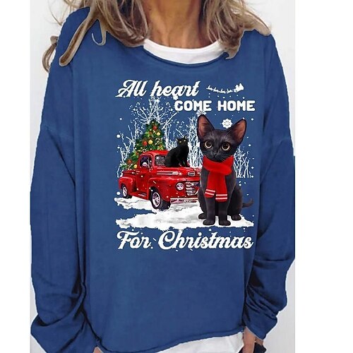 

Women's Sweatshirt Pullover Basic Green Blue Light Gray Cat Christmas Round Neck Long Sleeve S M L XL 2XL 3XL