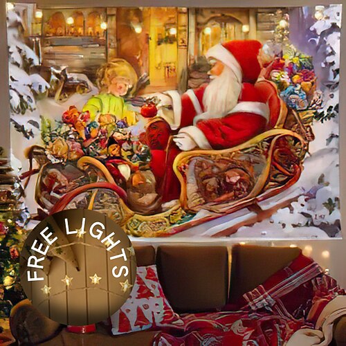 

Christmas Party Wall Tapestry Holiday Photography Background Fireplace Santa Claus Gift Art Decor Blanket Curtain Hanging Home Bedroom Living Room Decoration Polyester(with LED String Lights)