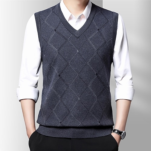 

Men's Sweater Vest Wool Sweater Pullover Sweater Jumper Ribbed Knit Knitted Rhombus V Neck Casual Modern Contemporary Work Daily Wear Clothing Apparel Sleeveless Spring & Fall Khaki Light Grey M L XL