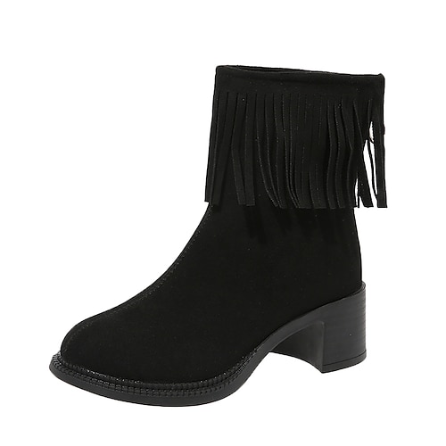 

Women's Boots Tassel Shoes Booties Ankle Boots Chunky Heel Round Toe Minimalism Nubuck Zipper Solid Color Black