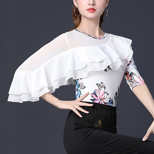 

Latin Dance Ballroom Dance Top Printing Ruffles Pure Color Women's Performance Training Half Sleeve High Cotton Blend