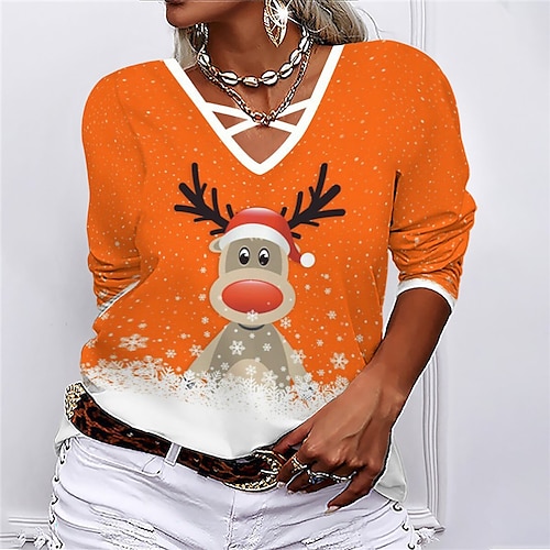 

Women's Plus Size Christmas Tops T shirt Tee Deer Snowflake Cut Out Print Long Sleeve V Neck Casual Festival Daily Polyester Winter Fall Green Black