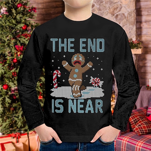 

Kids Boys Christmas T shirt Tee Cartoon Skull Letter Long Sleeve Crewneck Children Top Casual Cute Daily Winter Fall Blue 7-13 Years