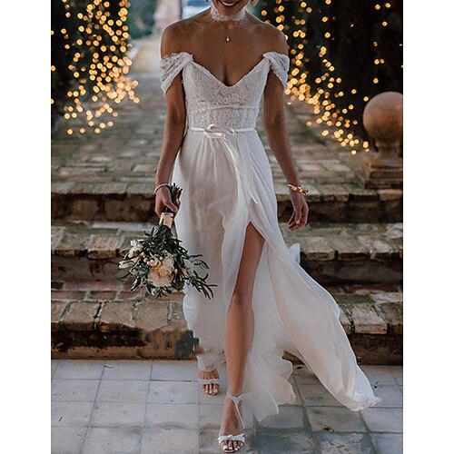 

A-Line Wedding Dresses V Neck Floor Length Lace Tulle Sleeveless Romantic Sexy with Appliques Split Front 2022