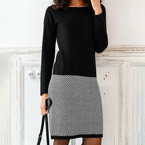 

Women's Casual Dress Sheath Dress Mini Dress Black Blue Brown Long Sleeve Color Block Patchwork Winter Fall Autumn Crew Neck Daily Vacation Weekend Loose Fit 2022 S M L XL XXL